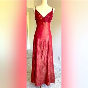 Del Rosario metallic gold red and silk long dress with leather inserts. Size 6